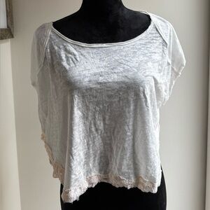 Free People Ladies Linen Blend Sheer Cream Boho Crop Top with Lace Trim